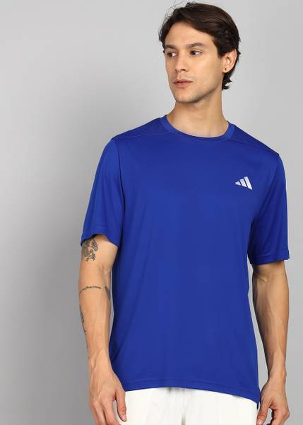 ADIDAS Solid Men Round Neck Blue T-Shirt