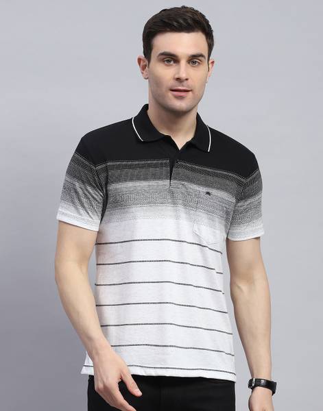 MONTE CARLO Striped Men Polo Neck Black T-Shirt