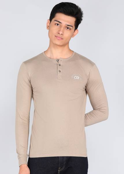 PETER ENGLAND Solid Men Round Neck Beige T-Shirt