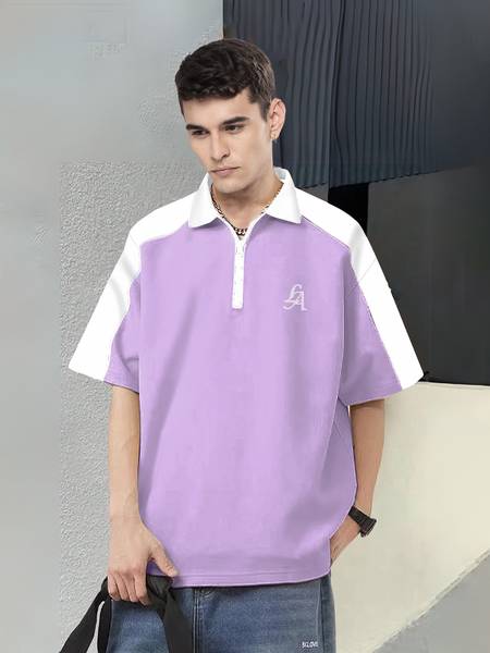 Jump Cuts Solid Men Polo Neck Purple, White T-Shirt