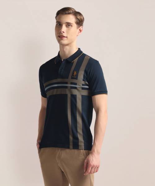 U.S. POLO ASSN. Striped Men Polo Neck Blue T-Shirt