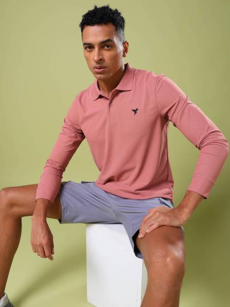 TECHNOSPORT Solid Men Polo Neck Pink T-Shirt