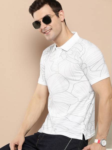 HERE&NOW Printed Men Polo Neck White T-Shirt