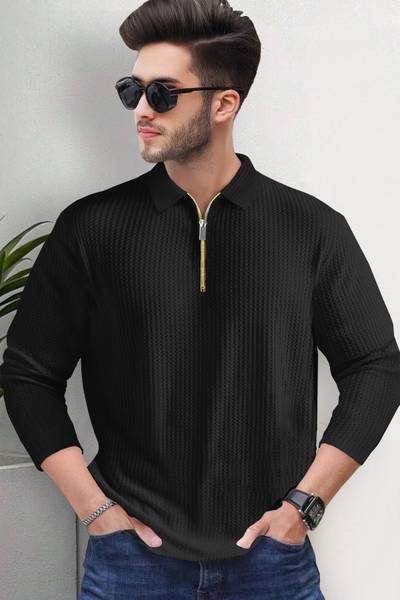 TRIPR Solid Men Polo Neck Black T-Shirt