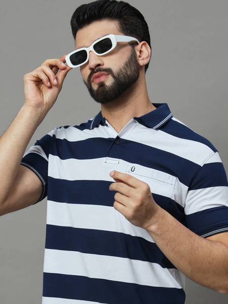 UNNIBERRY Striped Men Polo Neck Dark Blue T-Shirt