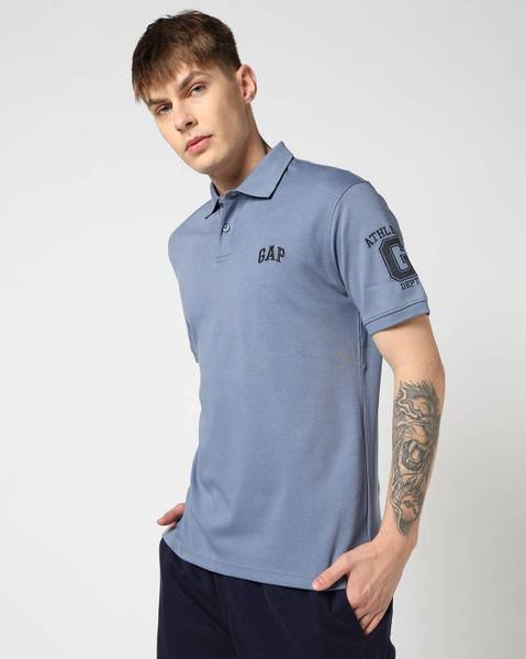 GAP Solid Men Polo Neck Blue T-Shirt