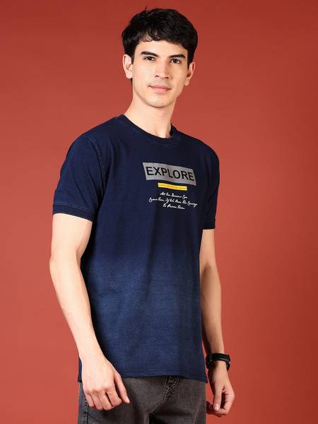 V-MART Printed Men Round Neck Blue T-Shirt