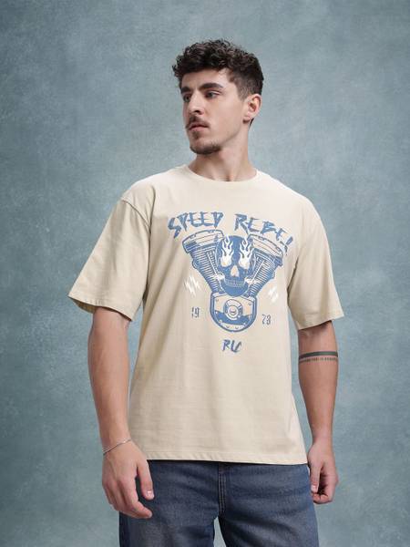 Roadster Printed Men Round Neck Beige T-Shirt