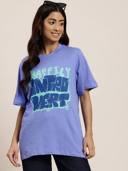 HERE&NOW Printed Women Round Neck Purple T-Shirt