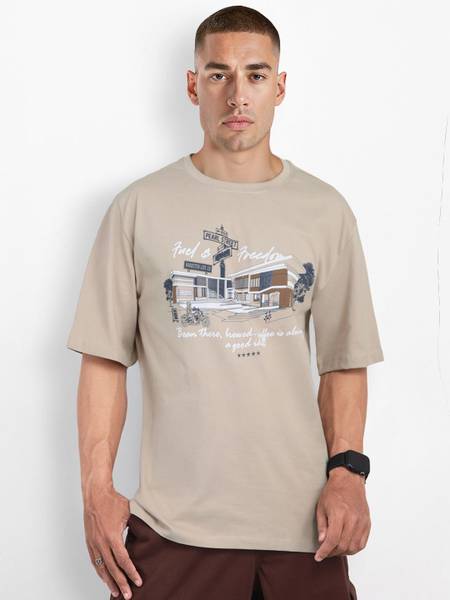 Roadster Graphic Print Men Round Neck Beige T-Shirt