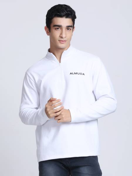 ALMUDA Solid Men Mandarin Collar White T-Shirt