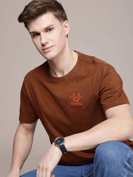 NAUTICA Printed Men Round Neck Brown T-Shirt