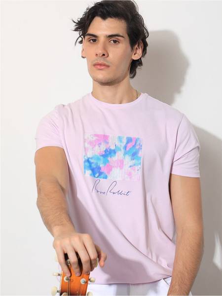RARE RABBIT Printed, Typography Men Round Neck Pink T-Shirt