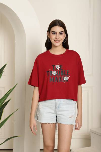 TOM AND JERRY by DreamBe Printed, Typography Women Round Neck Maroon T-Shirt