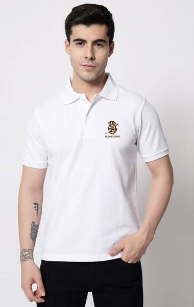 SLOWLORIS Solid Men Polo Neck White, Gold T-Shirt