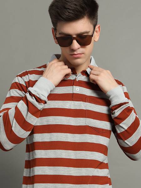 GETGOLF Striped Men Polo Neck Brown, White T-Shirt
