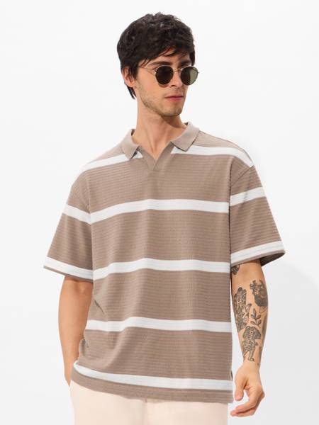 The Souled Store Striped Men Polo Neck Beige T-Shirt