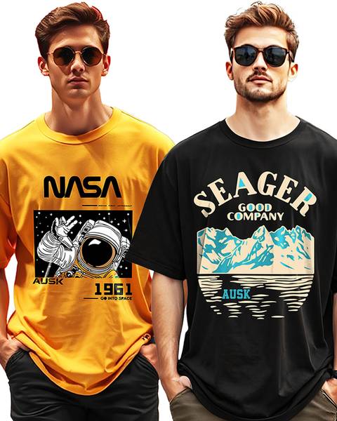 AUSK Printed Men Round Neck Black, Yellow T-Shirt