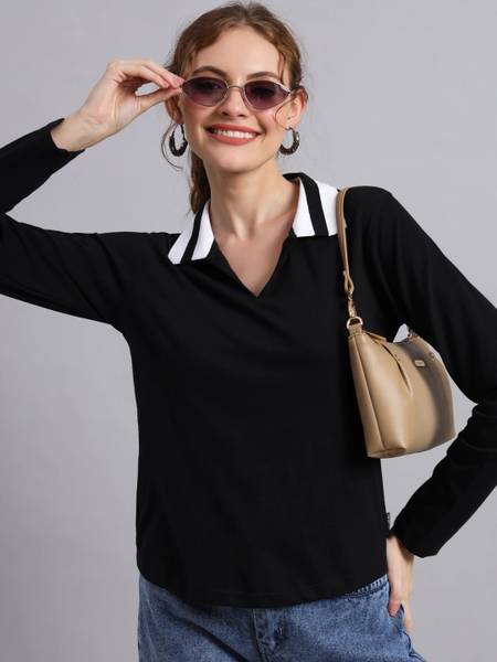 THE DRY STATE Solid Women Polo Neck Black T-Shirt