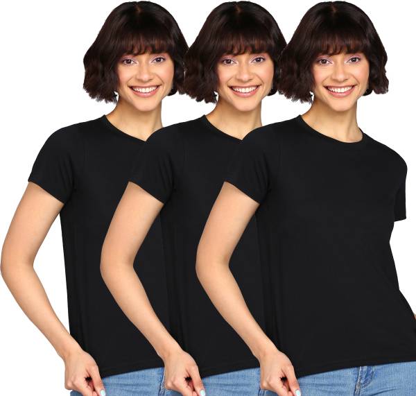 Adyavastram Solid Women Round Neck Black T-Shirt
