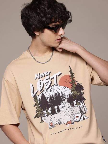Roadster Printed Men Round Neck Beige T-Shirt