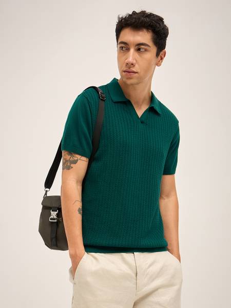 THE BEAR HOUSE Self Design Men Polo Neck Green T-Shirt