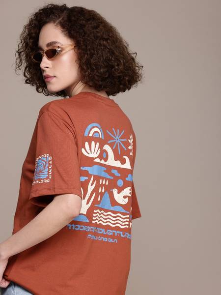 Roadster Printed Women Round Neck Brown T-Shirt