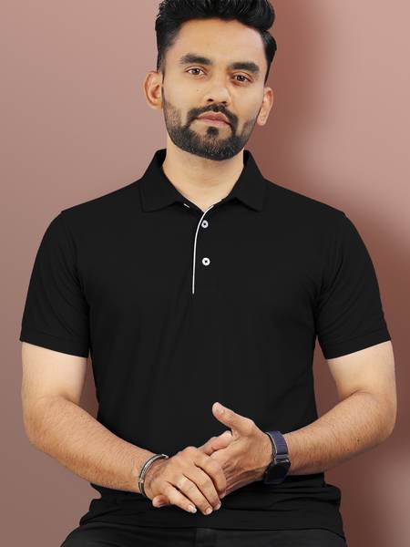 VeBNoR Solid Men Polo Neck Black T-Shirt