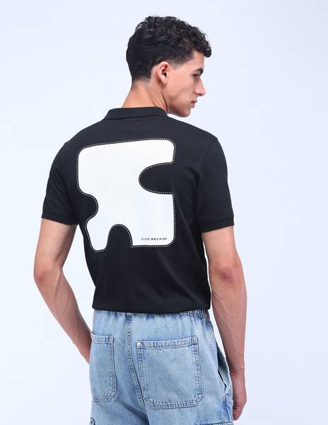 FLYING MACHINE Printed Men Polo Neck Black T-Shirt