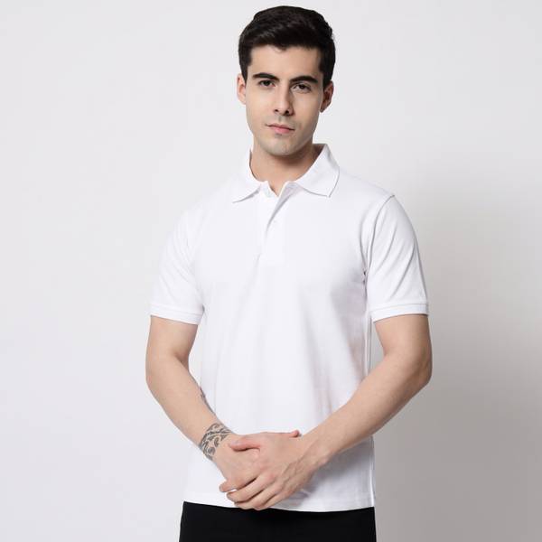 Cryptic Solid Men Polo Neck White, Gold T-Shirt