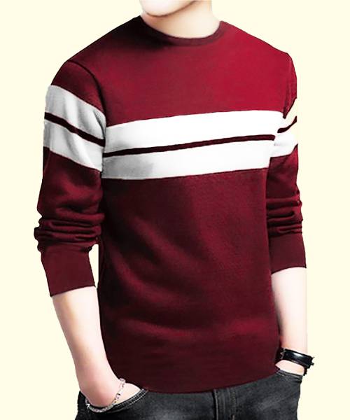Leotude Striped Men Round Neck Maroon T-Shirt