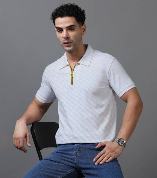 NB NICKY BOY Self Design Men Zip Neck White T-Shirt