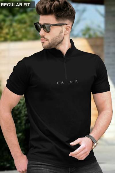 TRIPR Solid Men Mandarin Collar Black T-Shirt