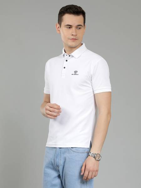 AAITHAN Solid Men Polo Neck White T-Shirt