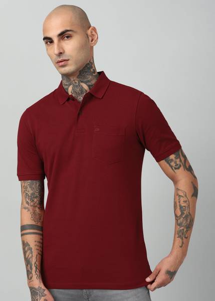 PETER ENGLAND Solid Men Polo Neck Maroon T-Shirt