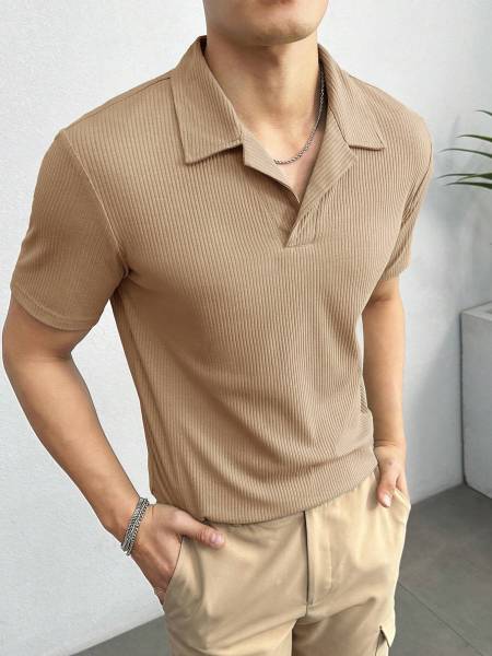 LIME Self Design Men Polo Neck Beige T-Shirt