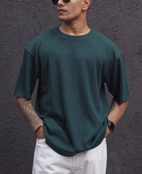 ZeenatFashion Self Design Men Round Neck Green T-Shirt