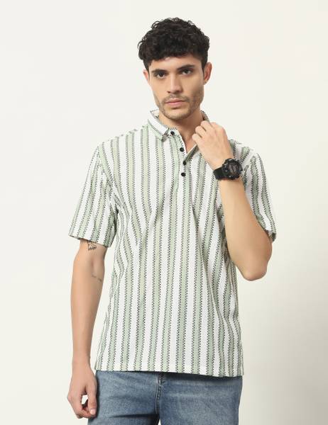 WOXEN Striped Men Polo Neck Light Green T-Shirt