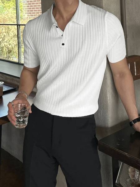 EyeBogler Striped Men Polo Neck White T-Shirt