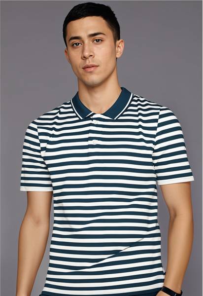 MACK JONNEY Striped Men Polo Neck Blue T-Shirt