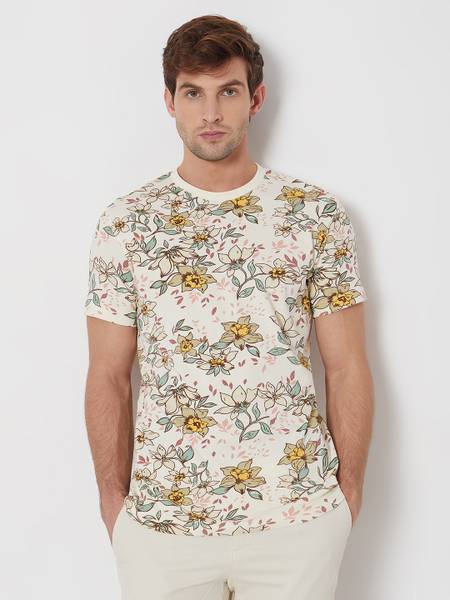 MUFTI Floral Print Men Crew Neck Beige T-Shirt