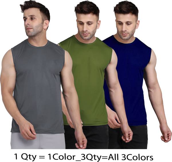 UDI n ADI Solid Men Round Neck Grey, Dark Green, Dark Blue T-Shirt