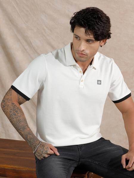WROGN Solid Men Polo Neck White T-Shirt