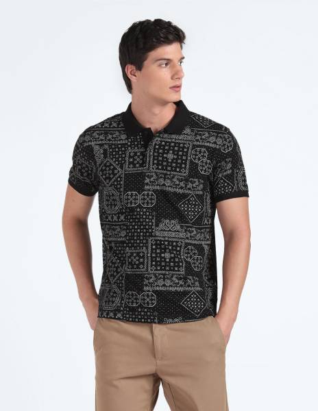 FLYING MACHINE Printed Men Polo Neck Black T-Shirt