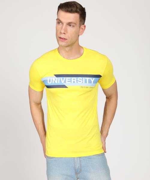 Peter England University Printed Men Crew Neck Yellow T-Shirt