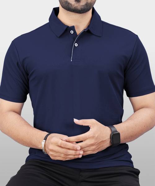 VeBNoR Solid Men Polo Neck Navy Blue T-Shirt