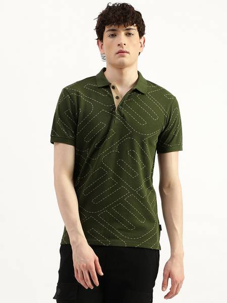 United Colors of Benetton Printed Men Polo Neck Dark Green T-Shirt