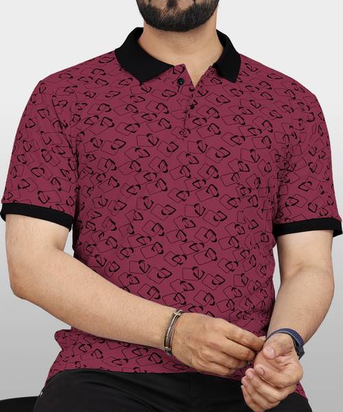 VeBNoR Printed Men Polo Neck Maroon T-Shirt