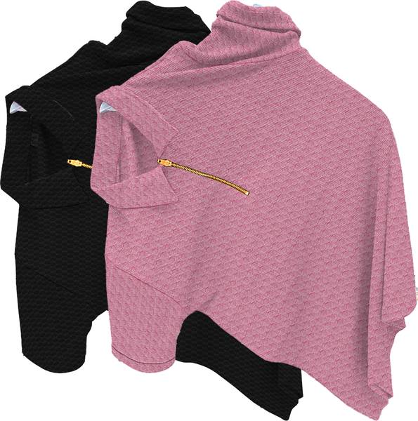 KAJARU Solid Men Zip Neck Black, Pink T-Shirt