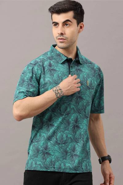 Stellers Floral Print Men Polo Neck Green T-Shirt